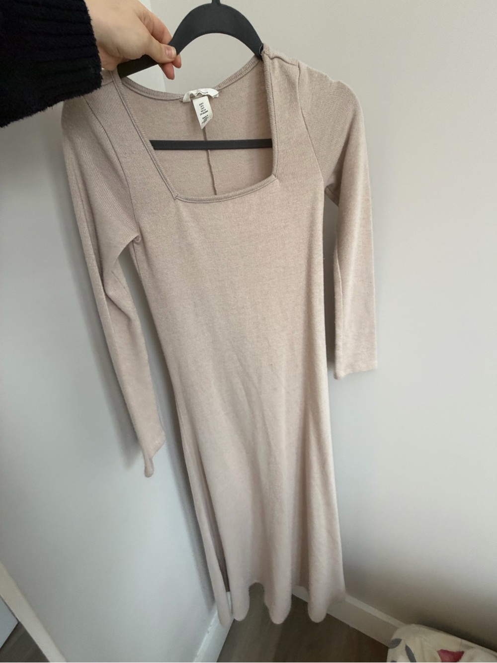 Square Neck Long Sleeve Beige Knit Dress